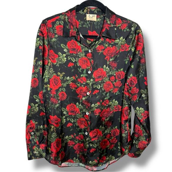 Elie. by Elie Tahari Black Red Rose Floral Button Down Blouse - Picture 1 of 5